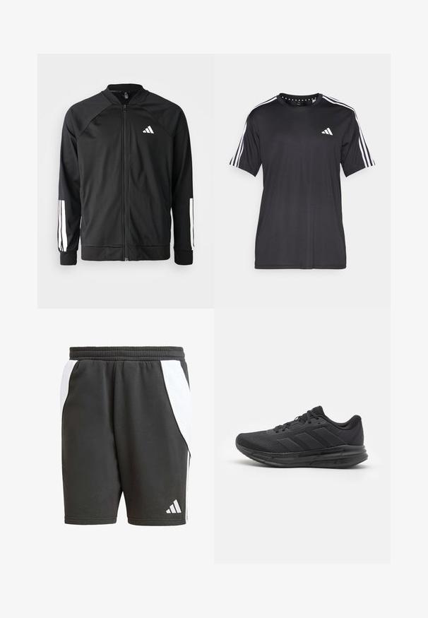 Μαύρο αθλητικό μπουφάν με μπροστινό φερμουάρ, ραγλανικά μανίκια, λευκό λογότυπο Adidas και λευκές ρίγες στα μανίκια. Λείο ύφασμα με ελαστικά μανίκια.; Μαύρο κοντομάνικο μπλουζάκι με λευκό σχέδιο τριών ρίγων στους ώμους και λογότυπο στο στήθος. Φτιαγμένο από αναπνεύσιμο ύφασμα με απαλό φινίρισμα.; Μαύρες αθλητικές βερμούδες με άσπρες πλαϊνές λεπτομέρειες, ελαστική μέση και λογότυπο Adidas σε λευκό. Φτιαγμένες από ένα απαλό, ελαφρύ υλικό.; Μαύρο αθλητικό παπούτσι με πλέγμα επάνω, καουτσούκ σόλα, υφή σχεδίαση και λεπτομέρεια με τρεις ρίγες στο πλάι. Ενίσχυση από αφρώδες υλικό για άνεση.