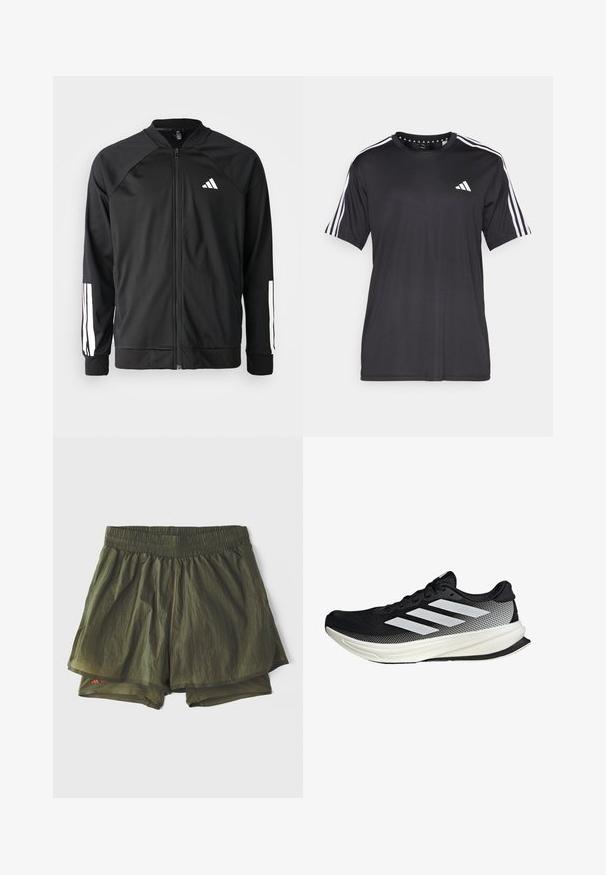 Zwarte sportjack met een rits aan de voorkant, raglanmouwen, wit Adidas-logo en witte strepen op de mouwen. Gladde stof met elastische manchetten.; Zwarte t-shirt met korte mouwen, voorzien van een witte drie-strepen design op de schouders en een logo op de borst. Gemaakt van ademend materiaal met een zachte textuur.; Olijfgroene sportshorts met een elastische tailleband, binnenvoering en geperforeerde panelen voor ventilatie. Lichtgewicht, casual ontwerp.; Zwarte sportieve schoen met een mesh ontwerp, voorzien van witte strepen, een ronde neus en een gestructureerde zool voor grip en ondersteuning.