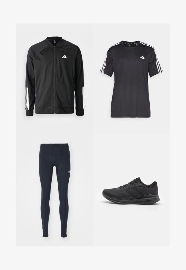Zwarte sportjack met een rits aan de voorkant, raglanmouwen, wit Adidas-logo en witte strepen op de mouwen. Gladde stof met elastische manchetten.; Zwarte t-shirt met korte mouwen, voorzien van een witte drie-strepen design op de schouders en een logo op de borst. Gemaakt van ademend materiaal met een zachte textuur.; New Balance SLEEK REFLECIVE TIGHT - Tights - black; Zwarte sportief schoen met een bovenzijde van gaas, rubberen zool, een gestructureerd ontwerp en drie streepdetails aan de zijkant. Schuimvering voor comfort.