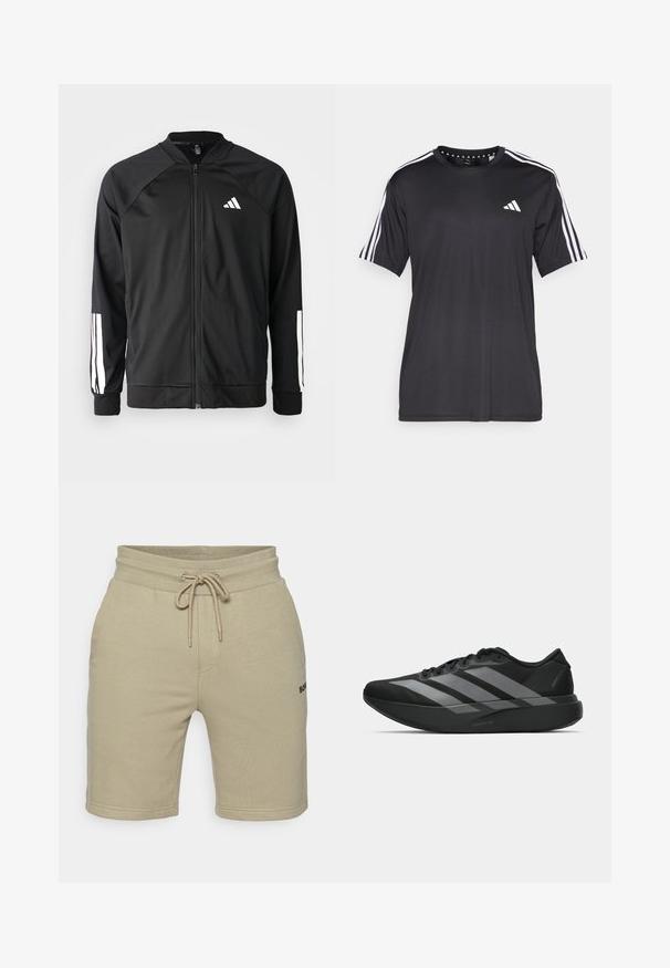 Casaco atlético preto com fecho na frente, mangas raglan, logotipo Adidas branco e riscas brancas nas mangas. Tecido suave com punhos elásticos.; T-shirt preta de mangas curtas com um design de três riscas brancas nos ombros e logótipo no peito. Feita de um tecido respirável, de textura suave.; Calções de desporto bege com cintura elástica, cordão na frente, bolsos laterais e detalhe de logótipo discreto na perna esquerda.; Sapatilhas desportivas pretas com um design leve, apresentando três faixas cinzas proeminentes, uma textura suave e uma sola contornada.