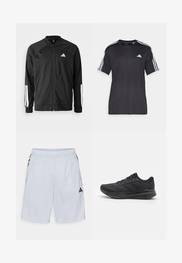 Juodas sportinis džemperis su priekiniais užtrauktukais, raglano stiliaus rankovėmis, balta Adidas logotipu ir baltais juostelėmis ant rankovių. Lygus audinys su elastingomis rankovėmis.; Juodas trumpas rankovėmis marškinėliai su balta trijų juostų dizainu ant pečių ir logotipu ant krūtinės. Pagaminta iš kvėpuojančios medžiagos, lygaus pynimo.; adidas Performance Sportiniai šortai - halo silver-coloured/black; Juodos sportinės bateliai su tinklo viršumi, guminėmis padangomis, tekstūruotu dizainu ir trimis juostelėmis šone. Putų amortizacija komfortui.