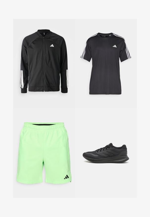 Μαύρο αθλητικό μπουφάν με μπροστινό φερμουάρ, ραγλανικά μανίκια, λευκό λογότυπο Adidas και λευκές ρίγες στα μανίκια. Λείο ύφασμα με ελαστικά μανίκια.; Μαύρο κοντομάνικο μπλουζάκι με λευκό σχέδιο τριών ρίγων στους ώμους και λογότυπο στο στήθος. Φτιαγμένο από αναπνεύσιμο ύφασμα με απαλό φινίρισμα.; Ανοιχτοπράσινα αθλητικά σορτς με ελαστική μέση, πλαϊνές τσέπες και μαύρο λογότυπο Adidas στην κάτω αριστερή πλευρά. Λείο, ελαφρύ υλικό.; Μαύρα αθλητικά παπούτσια με πλέγμα στο επάνω μέρος, λεία υφασμάτινα στοιχεία, στρογγυλή μύτη, επίπεδα κορδόνια και υφασμάτινη σόλα από καουτσούκ για καλύτερη πρόσφυση.