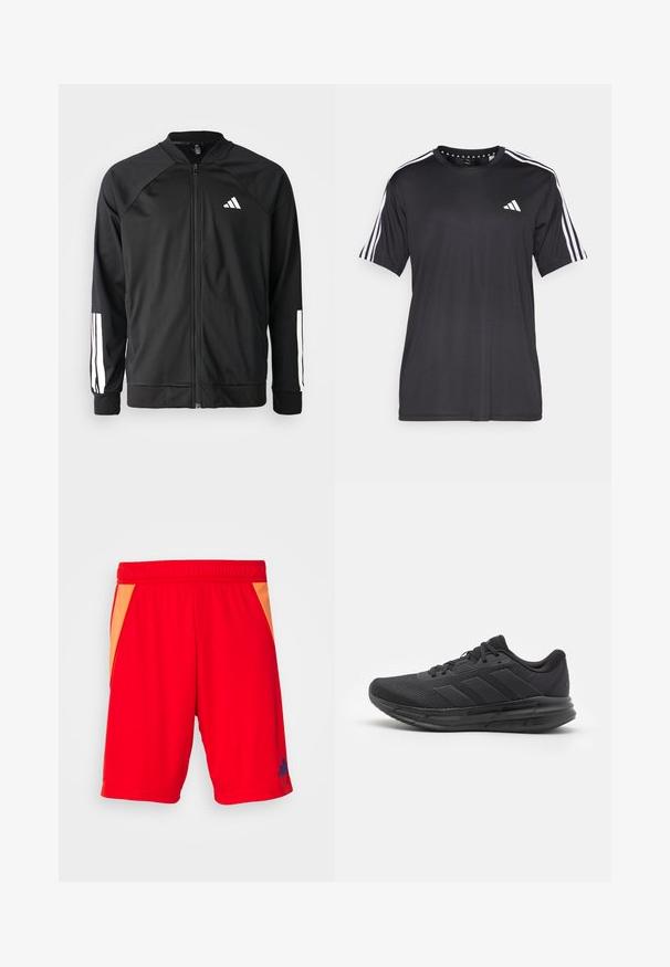 Chaqueta deportiva negra con cremallera frontal, mangas raglán, logo de Adidas en blanco y rayas blancas en las mangas. Tejido suave con puños elásticos.; Camiseta negra de manga corta con diseño de tres franjas blancas en los hombros y logo en el pecho. Fabricada con un tejido transpirable y de textura suave.; Pantalones cortos deportivos rojos con cinturilla elástica, que presentan paneles laterales naranjas y un logotipo azul en la parte inferior izquierda. Acabado textil suave.; Zapatilla deportiva negra con parte superior de malla, suela de goma, diseño texturizado y detalle de tres franjas en el costado. Amortiguación de espuma para mayor comodidad.