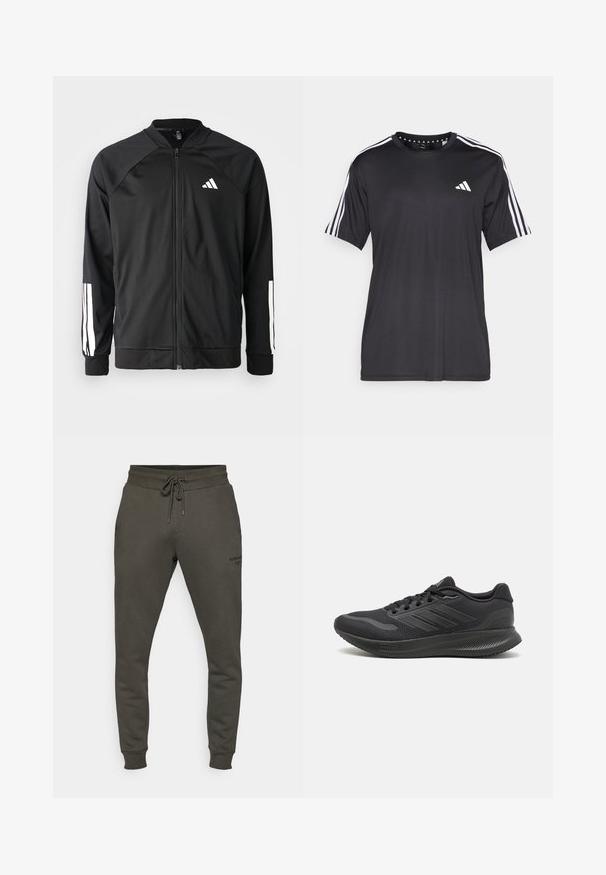 Musta urheilujakku, jossa on vetoketju edessä, raglan-hihat, valkoinen Adidas-logo ja valkoiset raidat hihoissa. Sujuva kangas ja joustavat hihansuut.; Mustavalkoinen, lyhythihainen t-paita, jossa on valkoinen kolmiraidallinen design hartioilla ja logo rinnassa. Valmistettu hengittävästä kankaasta, jonka pinta on sileä.; Tummanoliivinvihreät collegehousut, jotka on valmistettu pehmeästä kankaasta. Housuissa on joustava vyötärönyöri ja ribbaatut lahkeensuut; säästeliäs logo-yleiskuva lahkeessa.; Mustat liikuntakengät, joissa on verkko päällinen, sileät tekstiili yksityiskohdat, pyöreä kärki, litteät nauhat ja teksturoitu kumipohja pitävyyttä varten.