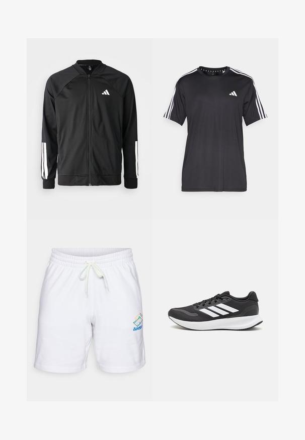 Svart treningsjakke med frontglidelås, raglanermer, hvit Adidas-logo og hvite striper på ermene. Glatt stoff med elastiske mansjetter.; Svart kortermet t-skjorte med hvit tre-stripesdesign på skuldrene og logo på brystet. Laget av pustevennlig stoff med glatt tekstur.; Hvite bomullsshortser med elastisk midje og snøring. Har en flerfarget Lotto-logo på venstre side. Glatt tekstur.; Svarte sportsko med pustende mesh-overdel, hvite detaljer og en polstret såle. Har tre striper-logo på siden.