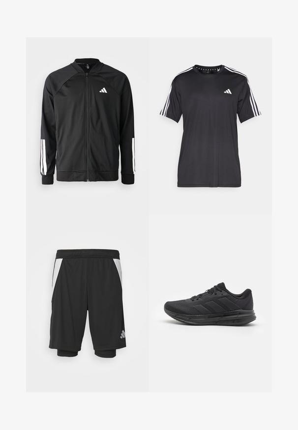 Crna sportska jakna s prednjim zatvaračem, raglan rukavima, bijelim Adidas logom i bijelim prugama na rukavima. Glatka tkanina s elastičnim manžetama.; Crna majica kratkih rukava s bijelim trostrukim dizajnom na ramenima i logotipom na prsima. Izrađena od prozračnog materijala, glatke teksture.; Crne atletske kratke hlače s laganom tkaninom, bijelim bočnim panelima, elastičnim pojasom i reflektirajućim logotipom na donjem lijevom dijelu.; Crne atletske cipele s mrežastim gornjim dijelom, gumeni potplat, teksturirani dizajn i detalj s tri pruge sa strane. Pjena za ublažavanje udarca radi udobnosti.