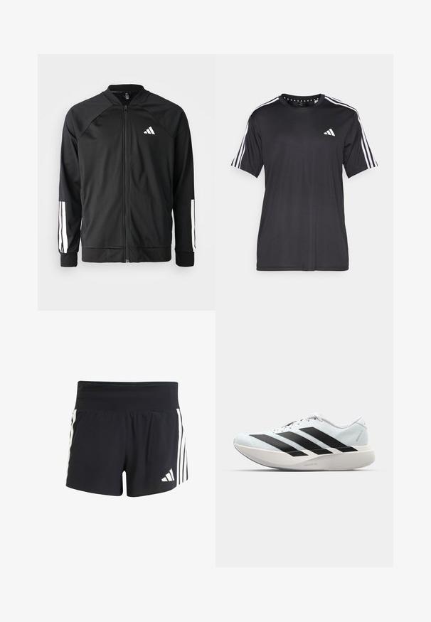 Schwarze Sportjacke mit einem Frontreißverschluss, Raglanärmeln, weißem Adidas-Logo und weißen Streifen an den Ärmeln. Glattes Gewebe mit elastischen Bündchen.; Schwarzes T-Shirt mit kurzen Ärmeln und weißem Dreistrichdesign an den Schultern sowie Logo auf der Brust. Hergestellt aus atmungsaktivem Stoff, glatte Textur.; Schwarze Sportshorts aus strukturiertem Stoff, mit einem breiten Bund und drei vertikalen weißen Streifen an den Seiten. adidas-Logo am Saum.; Leichte Laufschuhe in hellblau mit schwarzen Streifen. Sie verfügen über ein glattes Obermaterial, eine runde Zehenpartie und eine dicke weiße Zwischensohle, die mit "LIGHTSTRIKE PRO" beschriftet ist.