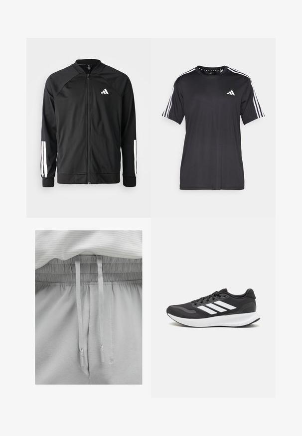 Crna sportska jakna s prednjim zatvaračem, raglan rukavima, bijelim Adidas logom i bijelim prugama na rukavima. Glatka tkanina s elastičnim manžetama.; Crna majica kratkih rukava s bijelim trostrukim dizajnom na ramenima i logotipom na prsima. Izrađena od prozračnog materijala, glatke teksture.; Svjetlosive trenirke s elastičnim pojasom i vrpcom. Mekana tkanina s glatkom teksturom, koja se odlikuje opuštenim krojem i jednostavnim detaljima.; Crne atletske tenisice s prozračnom mrežicom na gornjem dijelu, bijelim akcentima i mekanim potplatom. Imaju logo s tri pruge sa strane.