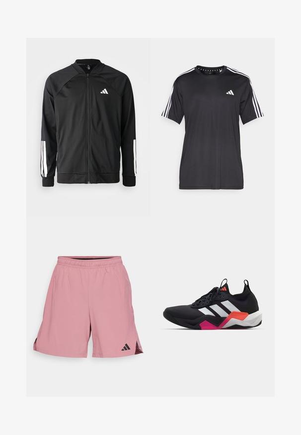 Černá sportovní bunda s předním zipem, raglánovými rukávy, bílým logem Adidas a bílými pruhy na rukávech. Hladká tkanina s elastickými manžetami.; Černé tričko s krátkým rukávem a bílým designem se třemi pruhy na ramenou a logem na hrudi. Vyrobeno z prodyšného materiálu, hladká textura.; adidas Performance D4T WORKOUT - Sportovní kraťasy - preloved crimson; Černá sportovní bota s bílými pruhy, texturovaným svrškem a robustní podešví, která má oranžové, růžové a bílé akcenty. Šněrovací design s poutkem.