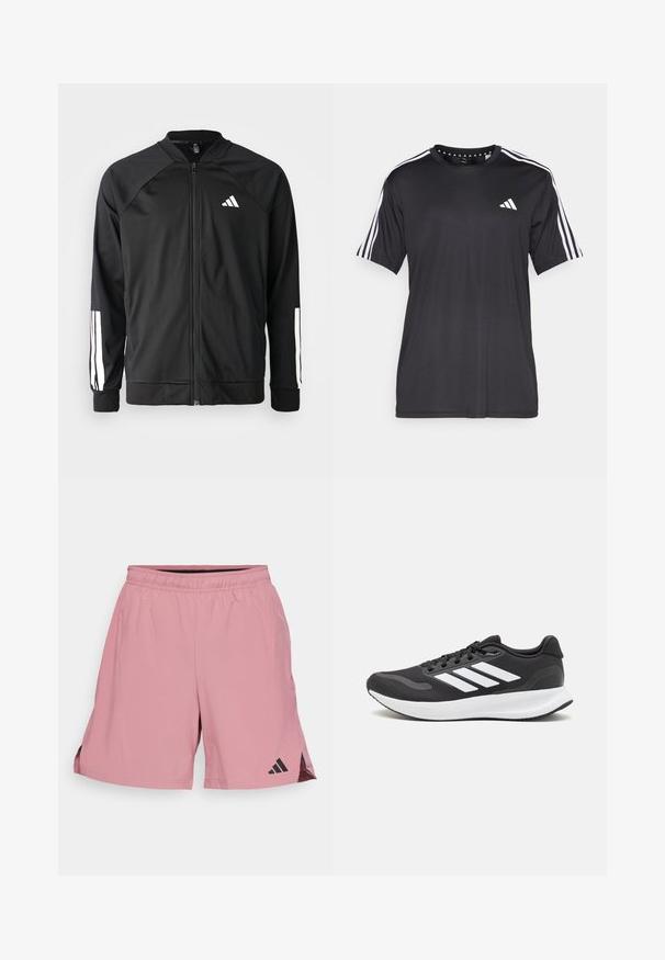 Zwarte sportjack met een rits aan de voorkant, raglanmouwen, wit Adidas-logo en witte strepen op de mouwen. Gladde stof met elastische manchetten.; Zwarte t-shirt met korte mouwen, voorzien van een witte drie-strepen design op de schouders en een logo op de borst. Gemaakt van ademend materiaal met een zachte textuur.; adidas Performance Korte broeken - preloved crimson; Zwart sportief schoen met ademend mesh bovenwerk, witte accenten en een gevoerde zool. Beschikt over een logo met drie strepen aan de zijkant.
