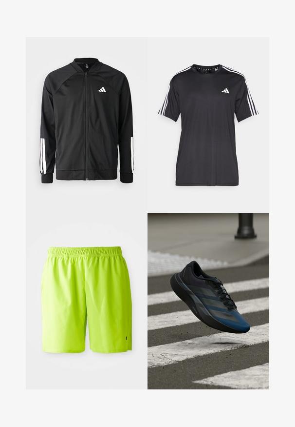 Černá sportovní bunda s předním zipem, raglánovými rukávy, bílým logem Adidas a bílými pruhy na rukávech. Hladká tkanina s elastickými manžetami.; Černé tričko s krátkým rukávem a bílým designem se třemi pruhy na ramenou a logem na hrudi. Vyrobeno z prodyšného materiálu, hladká textura.; Jasně limetkově zelené plavky s elastickým pasem a bočními kapsami, umístěné na jednoduše bílém pozadí.; Černá a modrá sportovní obuv s aerodynamickým designem, s texturovaným svrškem, kontrastními pruhy a polstrovanou podešví, visící nad chodníkem.