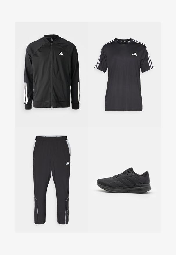 Mustar mustreeritud spordijakk, millel on ees lukuga taskud, raglanvarrukad, valge Adidas logo ja valged triibud varrukatel. Sile kangas elastsete mansettidega.; Mustaline lühikeste varrukatega t-särk musta värviga, millel on valge kolme triibu disain õlgadel ja logo rinnal. Valmistatud hingavast kangast, sile tekstuur.; Mustad mustrikad elastse vööni, hallide külgmiste detailide, valgete peegeldavate elementide ja "Climacool" tekstiga alumisel jalal.; Must have spordijalanõud, millel on võrgust ülemine osa, kummist tald, tekstuuriga disain ja kolm triipu külgedel. Vahtpolsterdus mugavuse tagamiseks.