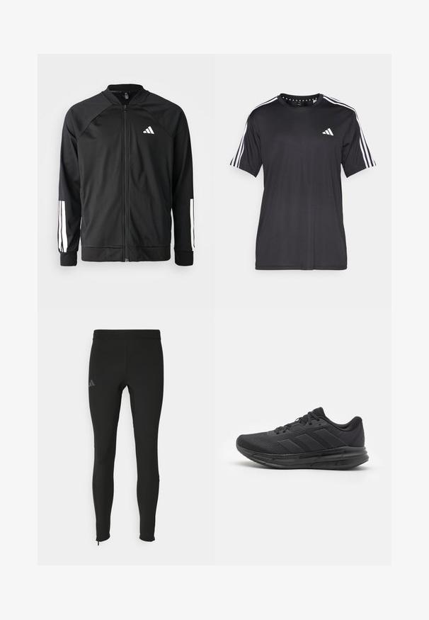 Chaqueta deportiva negra con cremallera frontal, mangas raglán, logo de Adidas en blanco y rayas blancas en las mangas. Tejido suave con puños elásticos.; Camiseta negra de manga corta con diseño de tres franjas blancas en los hombros y logo en el pecho. Fabricada con un tejido transpirable y de textura suave.; Leggings deportivos negros con un diseño ajustado, fabricados con material elástico. Presentan un logo discreto y cremalleras en los tobillos para facilitar su uso.; Zapatilla deportiva negra con parte superior de malla, suela de goma, diseño texturizado y detalle de tres franjas en el costado. Amortiguación de espuma para mayor comodidad.
