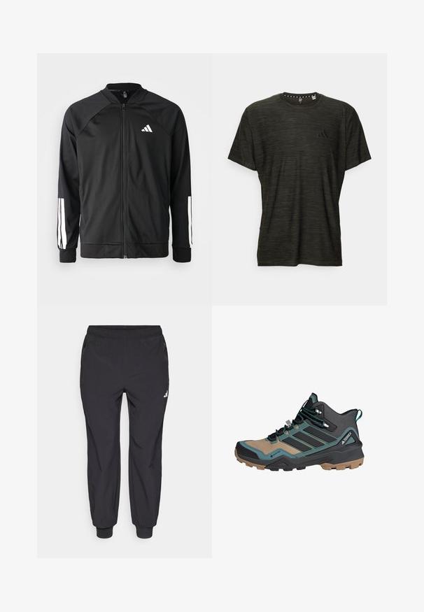 Crna sportska jakna s prednjim zatvaračem, raglan rukavima, bijelim Adidas logom i bijelim prugama na rukavima. Glatka tkanina s elastičnim manžetama.; Tamnozelena majica s kratkim rukavima, s teksturiranim uzorkom, okruglim izrezom i malim crnim logotipom na prsima. Ravan donji rub.; Crne sportske hlače s elastičnim pojasom, dva bočna džepa na patentni zatvarač, suženi zglobovi i mali bijeli logo na gornjem dijelu lijevog bedra.; Planinarske čizme s kombinacijom crne, tirkizne i smeđe boje, s teksturiranim gornjim dijelom, sigurnim vezanjem i čvrstim gumennim potplatom za prianjanje.