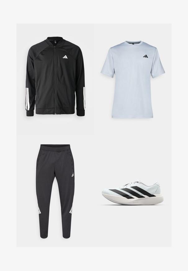 Black athletic jacket with a front zipper, raglan sleeves, white Adidas logo, and white stripes on sleeves. Smooth fabric with elastic cuffs.; adidas Performance Sports T-shirt - halo silver-coloured/black; Black athletic pants with tapered legs, elastic waistband, side pockets, and white logo and stripes detailing. Made from a smooth, lightweight material.; Lightweight running shoes in pale blue with black stripes. Features a smooth upper, round toe, and thick white midsole labeled "LIGHTSTRIKE PRO."