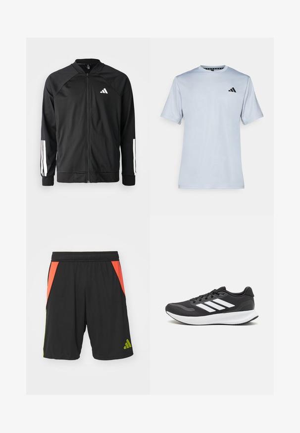 Fekete sportdzseki elől cipzárral, raglán ujjaival, fehér Adidas logóval és fehér csíkokkal az ujjakon. Simakészletű anyag rugalmas mandzsettákkal.; adidas Performance Sportfelső - halo silver-coloured/black; Fekete poliészter sportnadrág narancssárga és lime zöld oldalsávokkal, rugalmas derékkal és zöld logóval az alján.; Fekete sportcipő légáteresztő hálós felsőrésszel, fehér kiegészítőkkel és párnázott talppal. Az oldalon három csíkkal ellátott logó található.