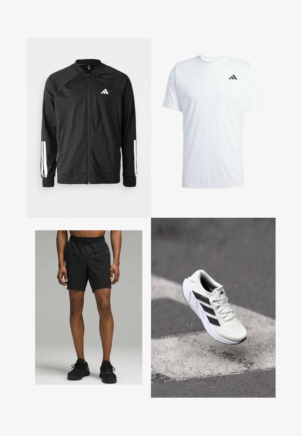 Crna sportska jakna s prednjim zatvaračem, raglan rukavima, bijelim Adidas logom i bijelim prugama na rukavima. Glatka tkanina s elastičnim manžetama.; Bijela kratkodlaka atletska majica od laganog materijala s crnim Adidas logotipom na gornjem lijevom dijelu prsiju.; Crne atletske kratke hlače s elastičnim pojasom i vezicom, dužine do koljena, izrađene od glatkog, laganog materijala.; Bjela atletska cipela s mrežastim gornjim dijelom s teksturom, crnim prugama, vezanjem na vezice i podstavljenim potplatom, lebdi iznad označene ceste.