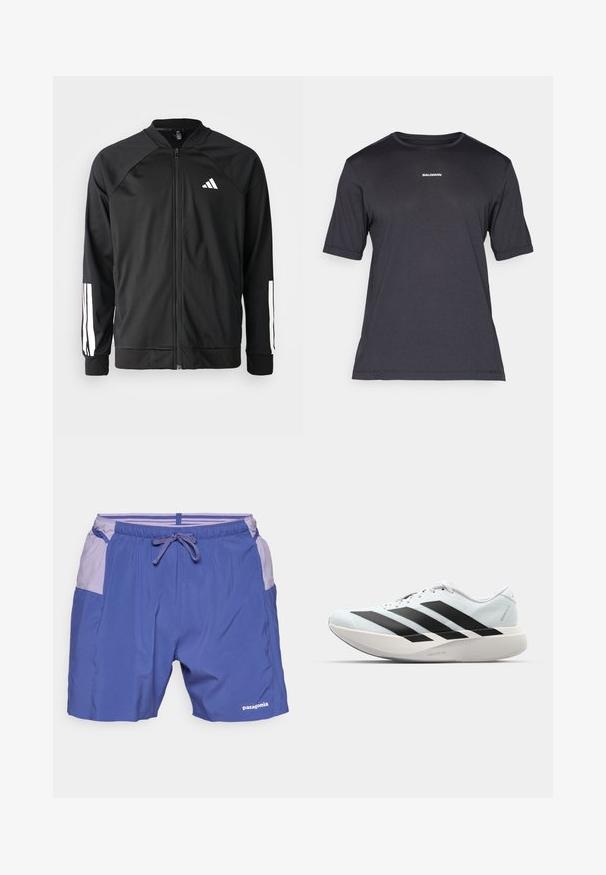 Casaco atlético preto com fecho na frente, mangas raglan, logotipo Adidas branco e riscas brancas nas mangas. Tecido suave com punhos elásticos.; T-shirt de desempenho preta de manga curta, feita de tecido respirável, com decote redondo e pequeno logótipo branco "SALOMON" no peito.; Calções de banho azuis com detalhes em lilás claro, cintura elástica, fecho com cordão e bolsos laterais. Feitos de tecido leve e de secagem rápida.; Tênis de corrida leves em azul pálido com riscas pretas. Apresentam um cabedal liso, bico redondo e uma entressola espessa branca rotulada como "LIGHTSTRIKE PRO."