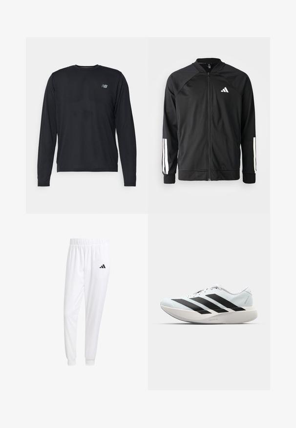 Svart treningsjakke med frontglidelås, raglanermer, hvit Adidas-logo og hvite striper på ermene. Glatt stoff med elastiske mansjetter.; Svart langermet treningsskjorte med teksturert stoff og subtile perforeringer. Har en liten reflekslogo på venstre bryst.; Hvite treningsbukser laget av glatt stoff, med elastisk midje og tettsittende mansjetter, med en svart logo på baklommen.; Lette løpesko i lys blå med svarte striper. Har en myk overdel, rund tå og tykk hvit mellomsole merket "LIGHTSTRIKE PRO."