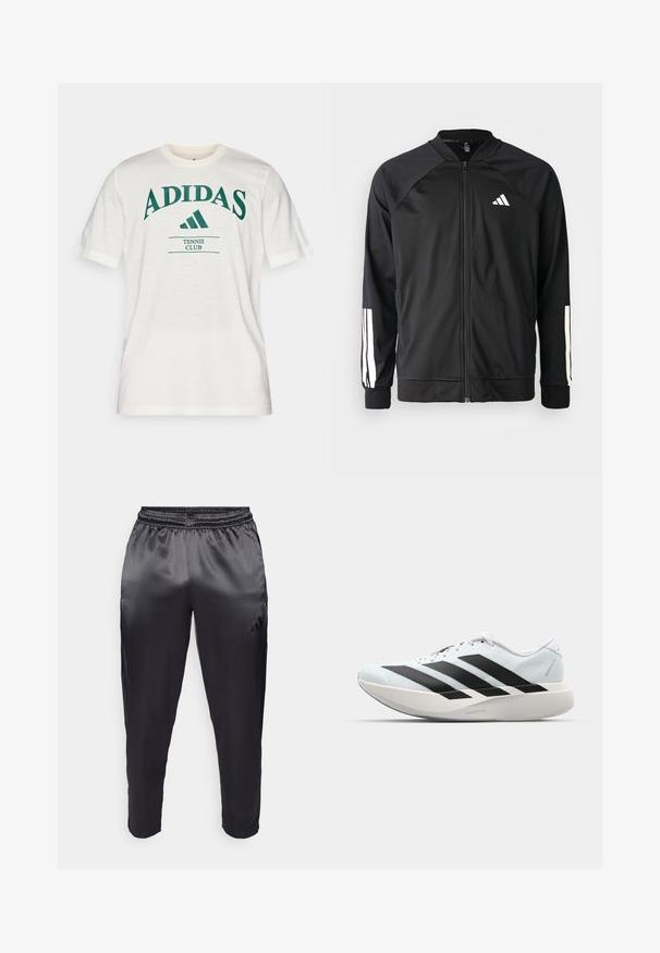 Svart treningsjakke med frontglidelås, raglanermer, hvit Adidas-logo og hvite striper på ermene. Glatt stoff med elastiske mansjetter.; Hvit bomulls T-skjorte med grønn "ADIDAS" tekst, med rund hals og korte ermer. Inkluderer "TENNISKLUBB" under logoen.; Svarte treningsbukser laget av glatt, lett stoff med elastisk midjebånd. Har en liten logo på venstre side og avsmalnende ben.; Lette løpesko i lys blå med svarte striper. Har en myk overdel, rund tå og tykk hvit mellomsole merket "LIGHTSTRIKE PRO."