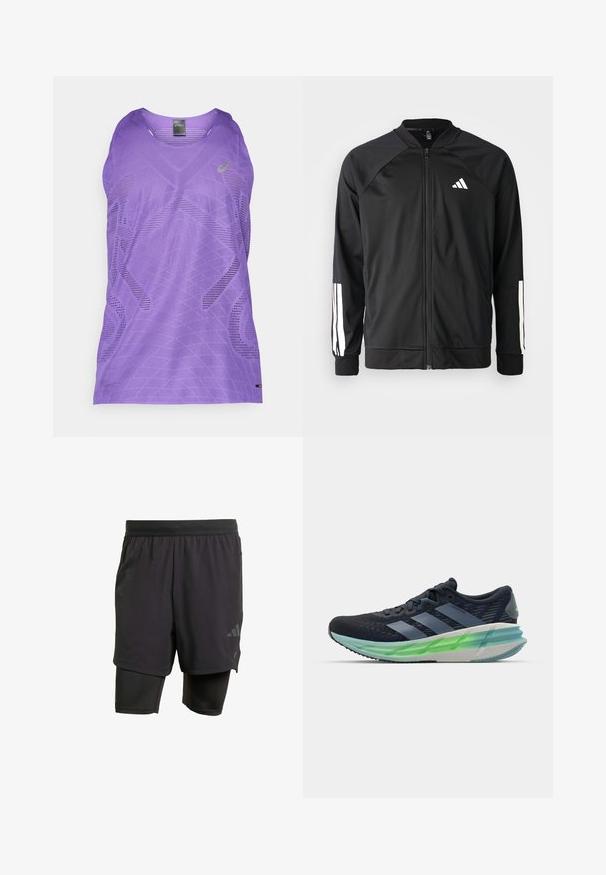 Veste de sport noire avec fermeture éclair à l'avant, manches raglan, logo Adidas blanc et bandes blanches sur les manches. Tissu lisse avec des poignets élastiques.; Débardeur de sport violet avec un motif géométrique, un décolleté en V, et une texture en mesh respirant. Comprend un petit logo à l'avant.; Shorts de sport noirs avec une couche intérieure intégrée, fabriqués en tissu respirant. Présentent un logo discret et une texture structurée. Ceinture ajustable.; Baskets de sport noires et bleues avec tige en mesh, trois bandes blanches, semelle translucide verte et motif texturé notable. Design léger.