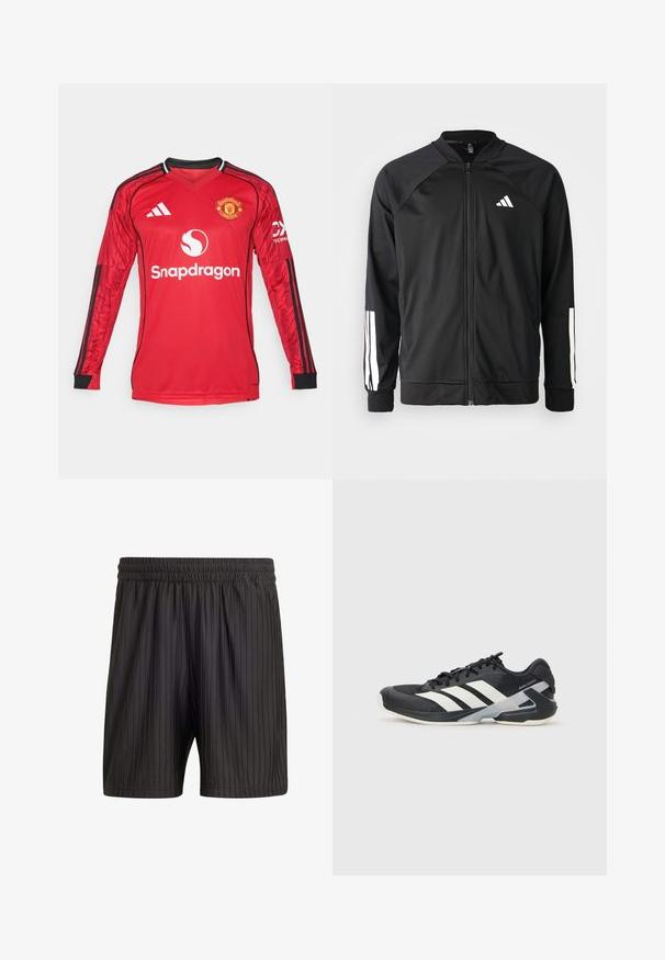 Črna atletska jakna z zadrgo spredaj, raglan rokavi, belo Adidas logo in bele črte na rokavih. Gladek material z elastičnimi manšetami.; Rdeč dolg rokav nogometne majice z črnimi detajli, s kapo v obliki v in Adidas logotipom, grbom Manchester Uniteda, ter napisom "Snapdragon" spredaj.; Črne hlače s elastičnim pasom, ki imajo vertikalne črtice in lahkoten, teksturiran material. Dolžina do sredine stegna.; Črne atletske čevlje z belimi črtami, mrežastim zgornjim delom, zaobljenim nosom in blaženim podplatom. Imajo teksturiran petni del in varen sistem vezalk.