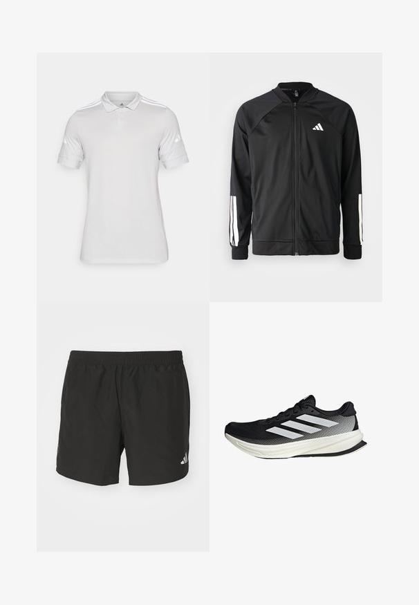 Chaqueta deportiva negra con cremallera frontal, mangas raglán, logo de Adidas en blanco y rayas blancas en las mangas. Tejido suave con puños elásticos.; Camisa polo blanca hecha de un tejido texturizado, con un cuello clásico, tapeta de tres botones y tres rayas blancas en los hombros.; Pantalones cortos deportivos negros con cintura elástica, aberturas laterales y acentos de logo reflectantes. Hechos de una tela liviana y suave.; Zapato deportivo negro con un diseño de malla, que presenta rayas blancas, una puntera redondeada y una suela texturizada para agarre y soporte.