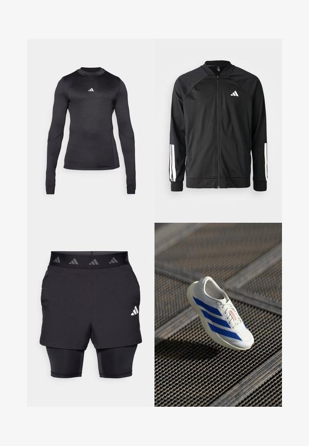 Schwarze Sportjacke mit einem Frontreißverschluss, Raglanärmeln, weißem Adidas-Logo und weißen Streifen an den Ärmeln. Glattes Gewebe mit elastischen Bündchen.; Langarm-Sportshirt in Schwarz, mit slim Fit, Rundhalsausschnitt und einem weißen Adidas-Logo auf der Brust. Glattes, dehnbares Material.; Schwarze Sportshorts mit einer Innenschicht. Texturierten Stoff auf den äußeren Shorts, mit einem gemusterten elastischen Taillenbund und einem Logo-Detail.; Weißer Sportschuh mit blauen Streifen, leichtes Design, Mesh-Obermaterial, Schnürverschluss und strukturierten Gummisohle, schwebend über einer Gitteroberfläche.