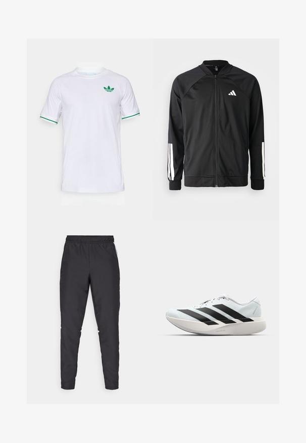 Mustar mustreeritud spordijakk, millel on ees lukuga taskud, raglanvarrukad, valge Adidas logo ja valged triibud varrukatel. Sile kangas elastsete mansettidega.; Valge sportlik särk lühikeste varrukatega, millel on rohelised ääred varrukatel ja roheline logo rinna peal. Valmistatud kergetest kangast.; Mustad mustusharjased püksid elastse vöökohtadega, kitsenevate jalgadega ja valgete külgaktsentidega. Valmistatud sünteetilisest materjalist, millel on sile tekstuur.; Kerged jooksujalatsid helesinises värvuses mustade triipudega. Omavad siledat pealispinda, ümarat varvase osa ja paksu valget vahemõõtu, millel on silt "LIGHTSTRIKE PRO".
