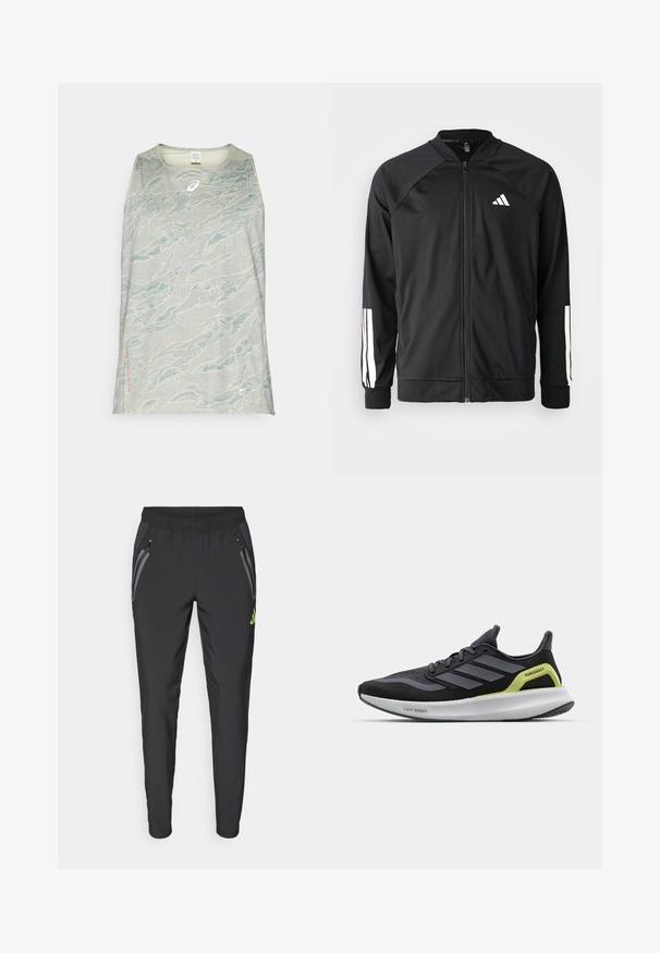 Svart sportjacka med framdraget blixtlås, raglanärmar, vitt Adidas-logotyp och vita ränder på ärmarna. Slät tyg med elastiska mudd.; Ljusgrå ärmlös träningströja med en vågmönster i nyanser av blått och grönt, med en liten logotyp och etikett vid fållen.; adidas Performance REAL MADRID TIRO25 PRO VIS TECH TRAVEL PANT - Klubbkläder - black/lucid lemon; Svart löparsko med grå detaljer, ovandel i mesh och en vit sula. Funktioner inkluderar "Lightboost"-logotypen och en grön detalj på hälen.