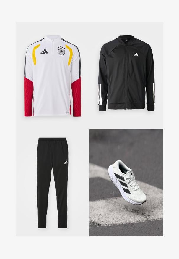 Schwarze Sportjacke mit einem Frontreißverschluss, Raglanärmeln, weißem Adidas-Logo und weißen Streifen an den Ärmeln. Glattes Gewebe mit elastischen Bündchen.; Weißes langärmliges Sporthemd mit roten Netz-Akzenten, gelben Details auf den Schultern, schwarzen Streifen und dem Logo der deutschen Nationalmannschaft.; Schwarze Sporthosen mit elastischem Bund, tailliertem Design und einem weißen Adidas-Logo am linken Oberschenkel. Glatter, leichter Stoff.; Weiße Sportschuh mit strukturiertem Mesh-Obermaterial, schwarzen Streifen, Schnürverschluss und gepolstertem Sohlen, schwebt über einer markierten Straßenoberfläche.