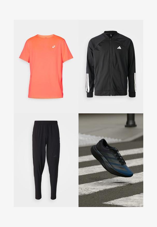 Juodas sportinis džemperis su priekiniais užtrauktukais, raglano stiliaus rankovėmis, balta Adidas logotipu ir baltais juostelėmis ant rankovių. Lygus audinys su elastingomis rankovėmis.; Trumpas rankovės sportinis marškinėliai ryškiai koralinės spalvos, pagaminti iš lengvos, lygaus audinio su baltu logotipu kairiajame krūtinės kampe.; Juodos sportinės kelnės su elastinga juosmeniu, siaurėjantis dizainas, šoninės kišenės ir subtilus logotipo detalė. Pagamintos iš lankstaus, kvėpuojančio audinio.; Juodos ir mėlynos spalvų sportinė batus su aptakiu dizainu, tekstūruotu viršumi, kontrastingomis juostelėmis ir paminkštinta padu, kybantis virš šaligatvio.