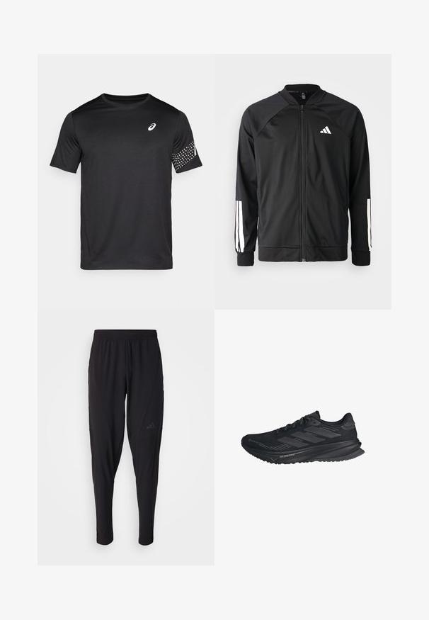 Black athletic jacket with a front zipper, raglan sleeves, white Adidas logo, and white stripes on sleeves. Smooth fabric with elastic cuffs.; Black athletic t-shirt made of moisture-wicking fabric. Features short sleeves, a round collar, and a dotted pattern on the right sleeve.; Black athletic pants with an elastic waistband, tapered design, side pockets, and subtle logo detail. Made from flexible, breathable fabric.; Black Adidas running shoe with Gore-Tex upper, three stripes on the side, and "Dreamstrike" on the sole, viewed from the outer side.