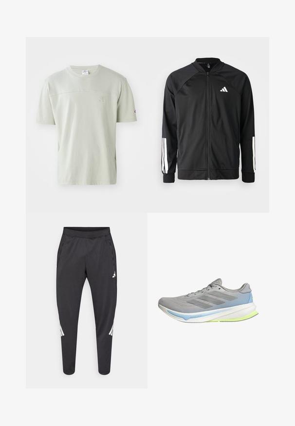 Svart sportjacka med framdraget blixtlås, raglanärmar, vitt Adidas-logotyp och vita ränder på ärmarna. Slät tyg med elastiska mudd.; Ljusgrön t-shirt med kort ärm gjord av bomull. Har rund halsringning och en subtil logotyp på bröstet. Slät struktur med en avslappnad passform.; Svarta sportbyxor med avsmalnande ben, elastisk midja, sidofickor samt vitt logotyp- och randdetalj. Tillverkade av ett mjukt, lätt material.; Lättvikts löparsko i grått mesh med blå och limegröna accenter. Har en böjd sula, strukturerat mönster och sex öglor för snörning.