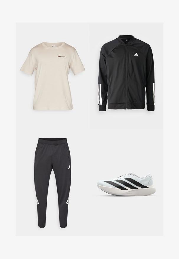 Casaco atlético preto com fecho na frente, mangas raglan, logotipo Adidas branco e riscas brancas nas mangas. Tecido suave com punhos elásticos.; Champion ICONS CREWNECK WITH SMALL LOGO - T-shirt estampada - beige; Calças atléticas pretas com pernas afiladas, cintura elástica, bolsos laterais e detalhes em logo e riscas brancas. Confeccionadas em material liso e leve.; Tênis de corrida leves em azul pálido com riscas pretas. Apresentam um cabedal liso, bico redondo e uma entressola espessa branca rotulada como "LIGHTSTRIKE PRO."