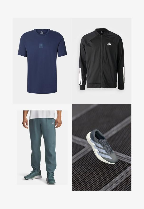 Schwarze Sportjacke mit einem Frontreißverschluss, Raglanärmeln, weißem Adidas-Logo und weißen Streifen an den Ärmeln. Glattes Gewebe mit elastischen Bündchen.; Marineblaues T-Shirt mit kurzen Ärmeln aus leichtem Stoff. Verfügt über ein Brustlogo in einem kontrastierenden Farbton und einen klassischen Rundhalsausschnitt.; Leichte Sporthosen aus türkisfarbenem Stoff mit glatter Textur, featuring ein silbernes Logo auf der linken Seite und einer schmal zulaufenden Passform zu den Knöcheln.; Sportsschuh in Grau und Weiß, aus synthetischem Material gefertigt, mit einem schlanken Design, strukturiertem Finish und ausgeprägtem Schnürsystem.