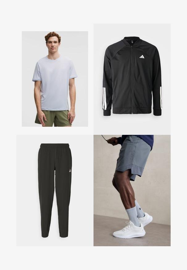 Mustar mustreeritud spordijakk, millel on ees lukuga taskud, raglanvarrukad, valge Adidas logo ja valged triibud varrukatel. Sile kangas elastsete mansettidega.; Heledad sinine lühikeste varrukatega sportlik t-särk, mis on valmistatud kergest kangast. Omab ümarat kaela skaala ja sujuvat tekstuuri minimalse õmblustega.; Mustavad spordipüksid elastse vöökoha, kitsas lõige ja valge logo vasakul jalal. Sile, kerge kangas.; Valged spordijalatsid tekstuurse võrguga pealispinnaga, millele on lisatud helesinised ribakujulised sokid logoga. Hallid spordilühikesed püksid, millel on perforeeritud ääred.