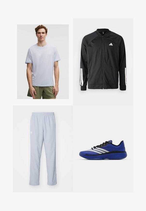Jachetă sport neagră, cu fermoar frontal, mâneci raglan, logo Adidas alb și dungi albe pe mâneci. Material neted, cu manșete elastice.; Tricou sportiv scurt din material ușor, de culoare bleu deschis. Are guler rotund și o textură netedă, cu cusături minime.; Pantaloni sportivi de culoare albastru deschis, cu talie elastică, buzunare laterale și fermoare la glezne. Au un logo alb pe coapsa stângă.; adidas Performance ADIZERO SELECT 3.0 - Ghete baschet - lucid blue/core black/metallic