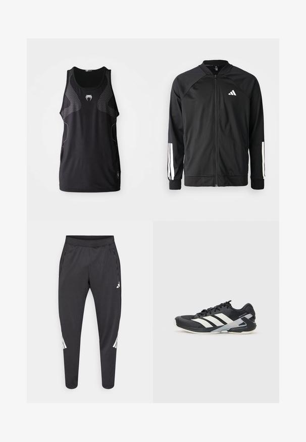 Μαύρο αθλητικό μπουφάν με μπροστινό φερμουάρ, ραγλανικά μανίκια, λευκό λογότυπο Adidas και λευκές ρίγες στα μανίκια. Λείο ύφασμα με ελαστικά μανίκια.; Μαύρο αθλητικό τοπάκι με στρογγυλή λαιμόκοψη, πλέγμα πλαϊνών πάνελ και ανακλαστικό λογότυπο στο κέντρο. Λείο, ελαφρύ ύφασμα.; Μαύρο αθλητικό παντελόνι με στενά πόδια, ελαστική μέση, πλαϊνές τσέπες, λευκό λογότυπο και ρίγες. Κατασκευασμένο από λείο, ελαφρύ υλικό.; Μαύρο αθλητικό παπούτσι με άσπρες ρίγες, διχτυωτό πάνω μέρος, στρογγυλή μύτη και μαλακή σόλα. Διαθέτει υφή στη φτέρνα και ασφαλές σύστημα κορδονιών.