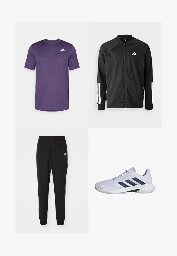 Black athletic jacket with a front zipper, raglan sleeves, white Adidas logo, and white stripes on sleeves. Smooth fabric with elastic cuffs.; Purple short-sleeve athletic t-shirt made of lightweight fabric, featuring a rounded neckline and a white logo on the upper left side.; Black athletic pants with an elastic waistband, cuffed ankles, and white Adidas logo on the left thigh. Made from lightweight, smooth fabric.; White athletic shoe with breathable mesh upper, navy blue three-stripe design, textured sole, and a rounded toe for added stability.