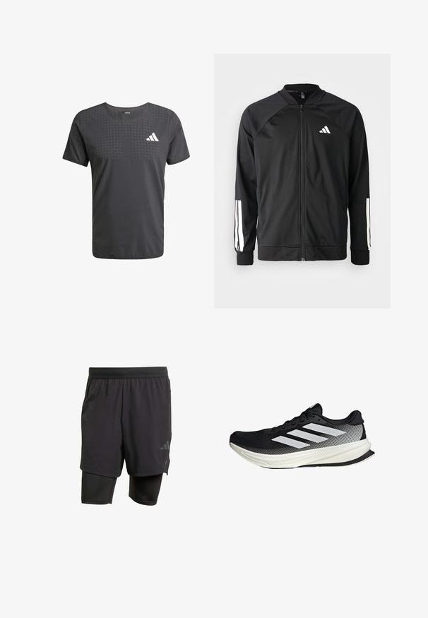 Black athletic jacket with a front zipper, raglan sleeves, white Adidas logo, and white stripes on sleeves. Smooth fabric with elastic cuffs.; Men's black athletic T-shirt with a crew neck, featuring a perforated design and white logo on the left chest. Made of lightweight fabric.; Black athletic shorts with integrated inner layer, made from breathable fabric. Features subtle logo and structured texture. Adjustable waistband.; Black athletic shoe with a mesh design, featuring white stripes, a rounded toe, and a textured sole for grip and support.