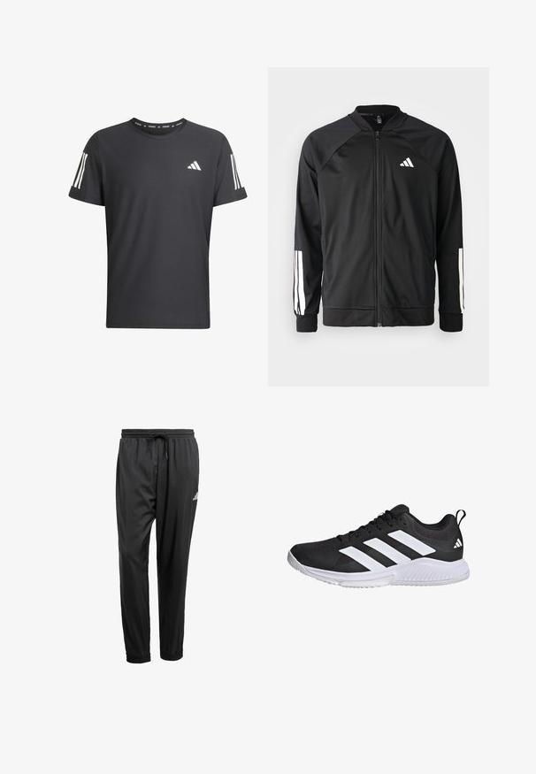 Black athletic jacket with a front zipper, raglan sleeves, white Adidas logo, and white stripes on sleeves. Smooth fabric with elastic cuffs.; Black short-sleeve athletic shirt made of textured fabric. Features white three-stripe accents on sleeves and Adidas logo on the front.; Black athletic pants with elastic waistband, drawstring, cuffed ankles, and a small white logo on the right thigh.; Black athletic shoe with mesh upper, three white stripes on the side, cushioned sole, and textured rubber outsole for traction.
