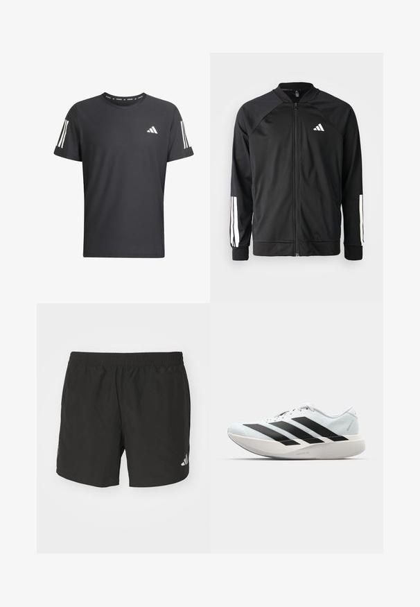 Giacca atletica nera con zip frontale, maniche raglan, logo Adidas bianco e strisce bianche sulle maniche. Tessuto liscio con polsini elasticizzati.; Maglietta atletica nera a maniche corte realizzata in tessuto testurizzato. Presenta accenti bianchi a tre strisce sulle maniche e logo Adidas sul davanti.; Pantaloni corti sportivi neri con vita elastica, fessure laterali e dettagli riflettenti del logo. Realizzati in un tessuto leggero e liscio.; Scarpe da corsa leggere di colore azzurro pallido con strisce nere. Presentano una tomaia liscia, punta rotonda e un'ampia intersuola bianca etichettata "LIGHTSTRIKE PRO."