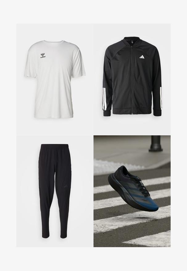 Melna sporta jaka ar priekšējo rāvējslēdzēju, raglanu piedurknēm, baltu Adidas logo un baltām svītrām uz piedurknēm. Gluda auduma sastāvs ar elastīgām aprocēm.; Balts īsām piedurknēm t-krekls, izgatavots no gludas auduma. Uz augšējās kreisās krūšu daļas ir melns "hummel" logo. Standarta apaļās kakla dizains.; Melni sporta bikses ar elastīgu jostasvietu, sašaurinātu dizainu, sānu kabatām un smalku logo akcentu. Izgatavotas no elastīga, elpojoša auduma.; Melns un zils sporta apavu ar aerodinamisku dizainu, tam ir teksturēta virsma, kontrastējošas svītras un amortizējoša zolīte, kas peld virs ietves.