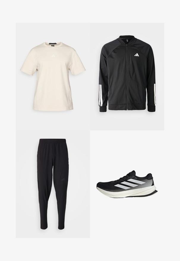 Crna sportska jakna s prednjim zatvaračem, raglan rukavima, bijelim Adidas logom i bijelim prugama na rukavima. Glatka tkanina s elastičnim manžetama.; Bež majica od pamuka s kratkim rukavima, okruglim izrezom i suptilnim bijelim Adidas logom na prsima. Glatka tekstura s minimalnim šavovima.; Crne sportske hlače s elastičnim pojasom, suženim dizajnom, bočnim džepovima i suptilnim logotipom. Izrađene od fleksibilne, prozračne tkanine.; Crna atletska cipela s mrežastim dizajnom, koja ima bijele pruge, zaobljeni vrh i teksturiranu potplate za prianjanje i potporu.