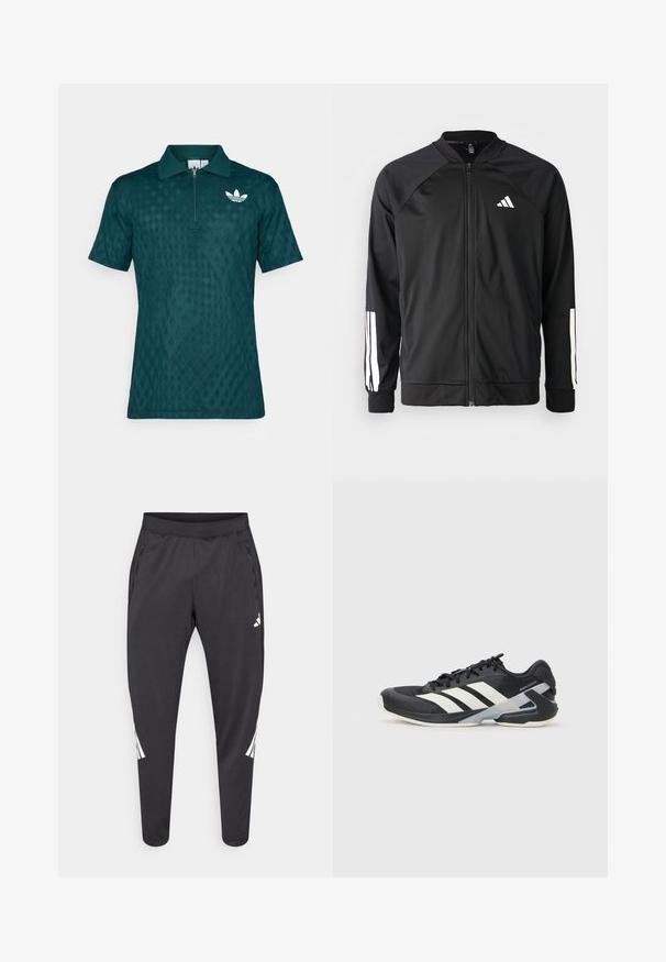 Giacca atletica nera con zip frontale, maniche raglan, logo Adidas bianco e strisce bianche sulle maniche. Tessuto liscio con polsini elasticizzati.; Polo shirt teal con colletto con zip, trama a motivo diamante e accento del logo bianco sul lato sinistro del petto. Maniche corte.; Pantaloni atletici neri con gambe affusolate, cintura elastica, tasche laterali e dettagli con logo bianco e strisce. Realizzati in materiale liscio e leggero.; Scarpa sportiva nera con strisce bianche, tomaia in rete, punta arrotondata e suola ammortizzata. Presenta un tallone testurizzato e un sistema di allacciatura sicuro.