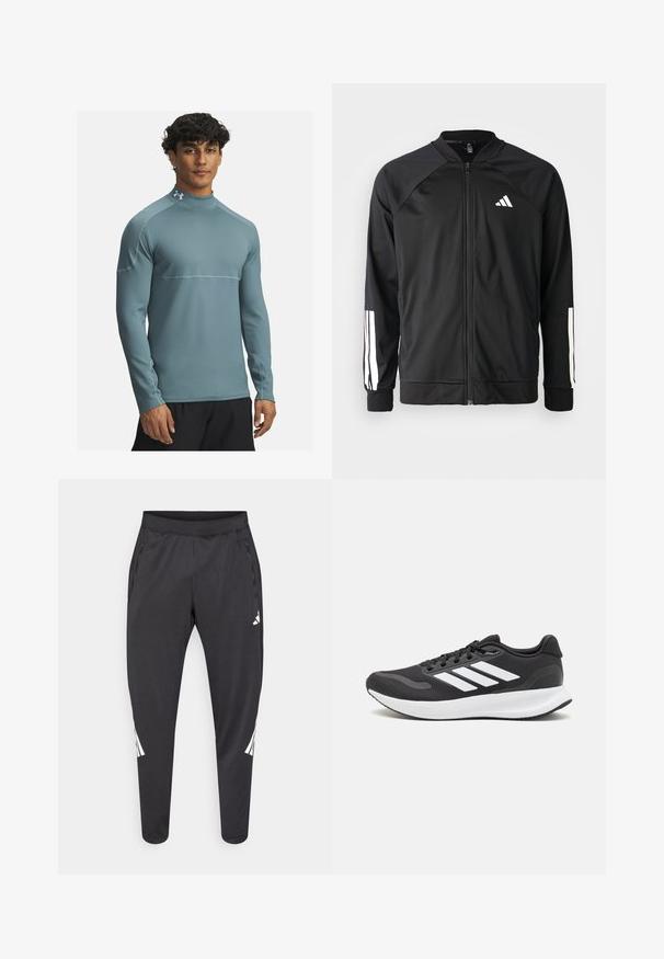 Zwarte sportjack met een rits aan de voorkant, raglanmouwen, wit Adidas-logo en witte strepen op de mouwen. Gladde stof met elastische manchetten.; Lichtblauw sportshirt met lange mouwen en hoge kraag, van gestructureerde stof en met contrasterende stiksels, gedragen door een man.; Zwarte sportbroek met taps toelopende pijpen, elastische tailleband, zijzakken en witte logo- en streepdetails. Gemaakt van een glad, licht materiaal.; Zwart sportief schoen met ademend mesh bovenwerk, witte accenten en een gevoerde zool. Beschikt over een logo met drie strepen aan de zijkant.