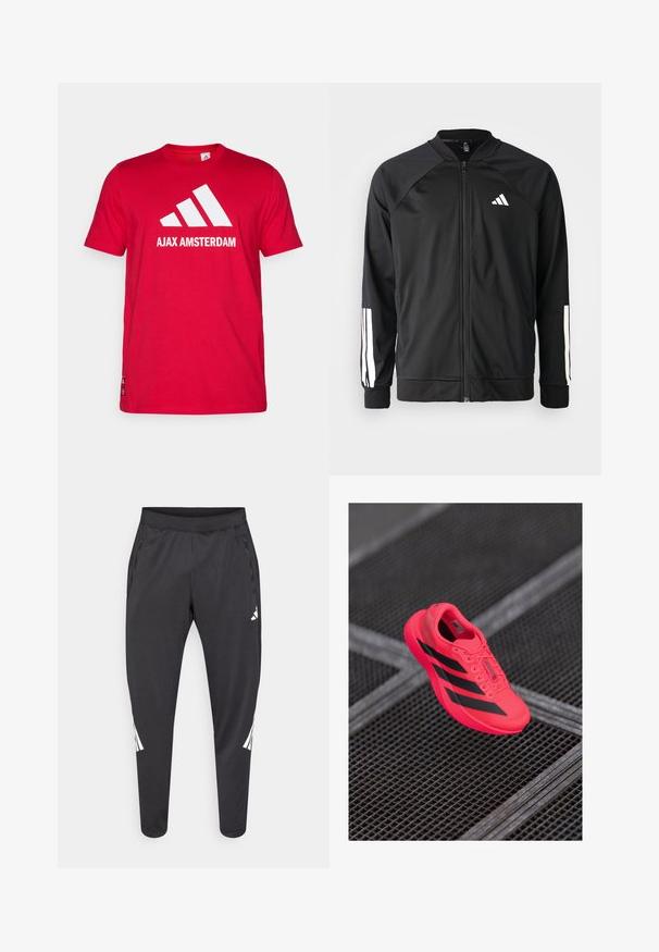 Veste de sport noire avec fermeture éclair à l'avant, manches raglan, logo Adidas blanc et bandes blanches sur les manches. Tissu lisse avec des poignets élastiques.; T-shirt en coton rouge présentant un logo Adidas blanc et le texte "AJAX AMSTERDAM". Manches courtes, col rond, coupe standard.; Pantalon de sport noir à jambes fuselées, taille élastique, poches latérales, avec un logo blanc et des détails à rayures. Confectionné dans un matériau lisse et léger.; Baskets de course rose vif avec des rayures noires, fabriquées en matériau en maille léger, avec une semelle texturée et un design à lacets.