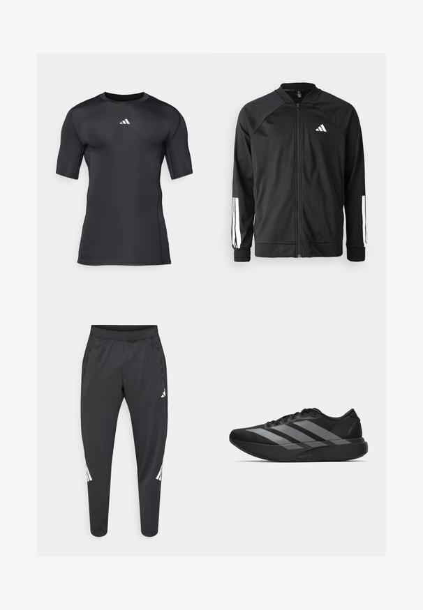 Melna sporta jaka ar priekšējo rāvējslēdzēju, raglanu piedurknēm, baltu Adidas logo un baltām svītrām uz piedurknēm. Gluda auduma sastāvs ar elastīgām aprocēm.; Melnas sportiskas īsām piedurknēm krekls, izgatavots no gludas, elastīgas auduma. Aprīkots ar baltu logotipu uz krūtīm un plakanu šuvju dizainu komfortam.; Melnas sporta bikses ar šaurākiem galiem, elastīgu jostasvietu, sānu kabatām, kā arī baltu logo un svītru detaļām. Izgatavotas no gluda, viegla materiāla.; Melni sporta apavi ar vieglu dizainu, ar trim izteiksmīgiem pelēkiem svītrām, gludu virsmu un kontūrveida zoli.