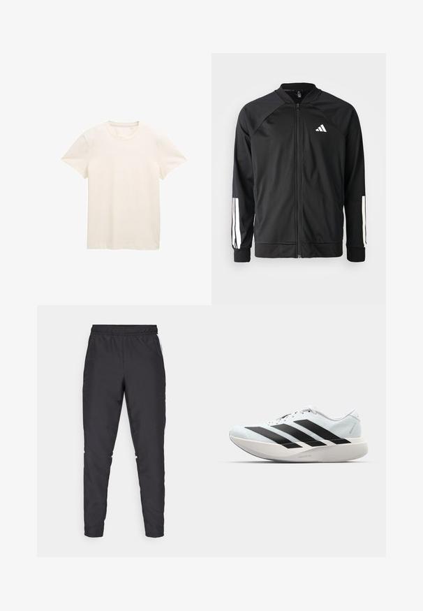 Musta urheilujakku, jossa on vetoketju edessä, raglan-hihat, valkoinen Adidas-logo ja valkoiset raidat hihoissa. Sujuva kangas ja joustavat hihansuut.; Valkoinen puuvillainen t-paita, jossa on lyhyet hihat, pyöreä pääntie ja hieman teksturoitu kangas. Ei näkyviä kuvioita tai graafisia elementtejä.; Mustat urheiluhousut, joissa on joustava vyötärö, kapenevat lahkeet ja valkoiset sivuakkentit. Valmistettu synteettisestä materiaalista, jossa on sileä tekstuuri.; Kevyt juoksukengät vaaleansinisinä mustilla raidoilla. Ominaisuuksiin kuuluu sileä pinta, pyöreä kärki ja paksu valkoinen välipohja, joka on merkitty "LIGHTSTRIKE PRO".